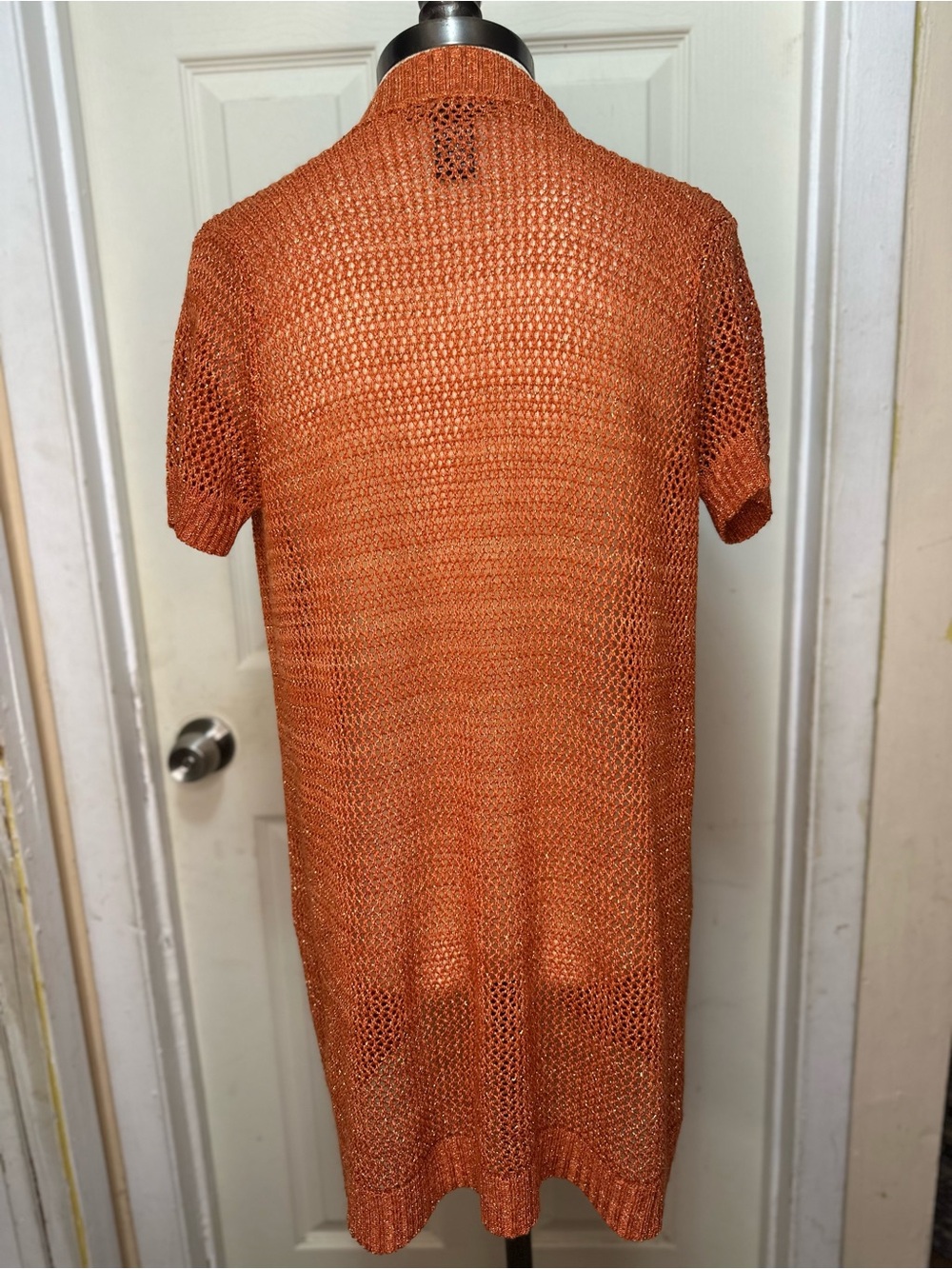 August Silk Orange Metallic Open Knit Short Sleeve Cardigan Size Petite small - Picture 5 of 5